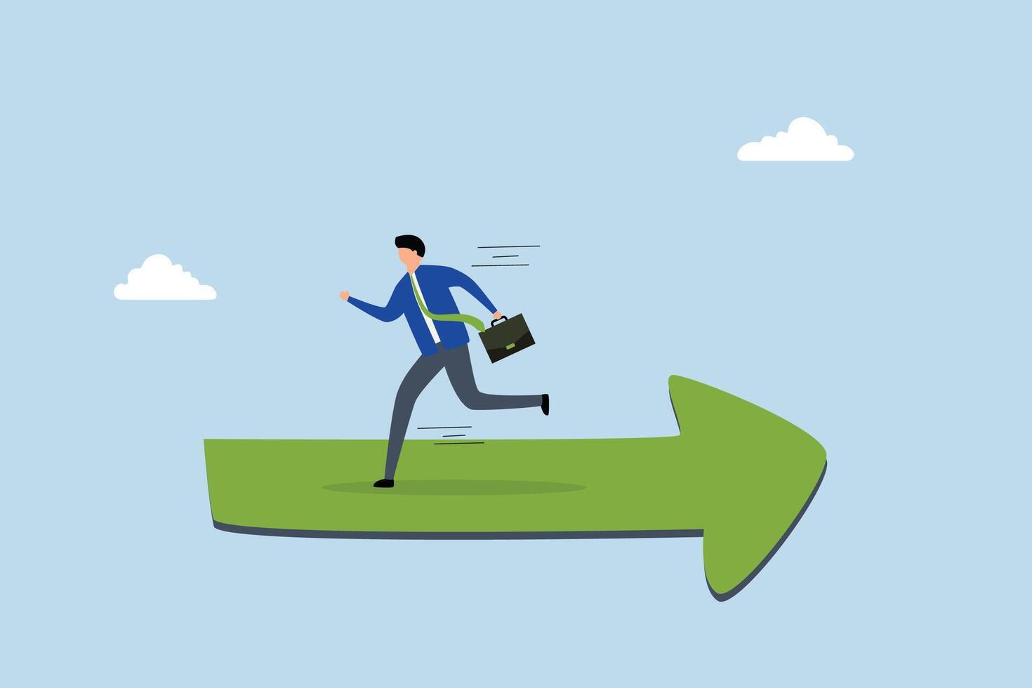 Wrong direction lead to mistake, perplexed entrepreneur sprinting in the incorrect direction of the trend arrow. vector