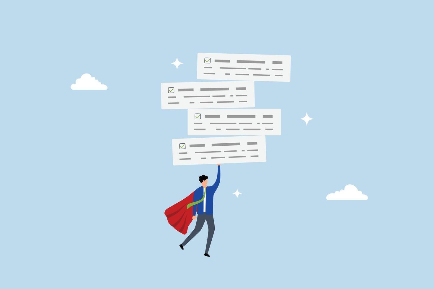 Task management, entrepreneur hero soaring with finished project boards. vector