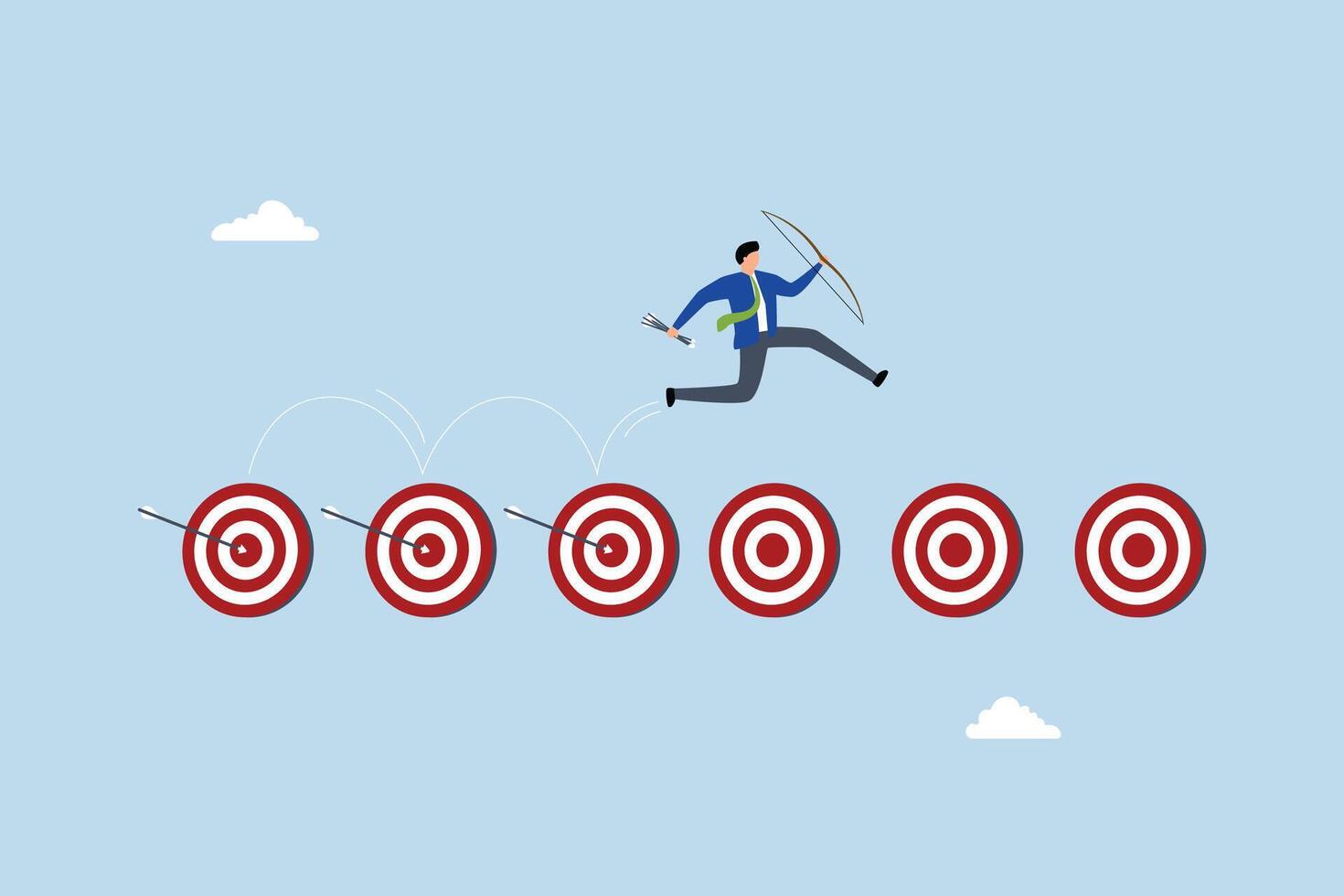 Goal tracking, Entrepreneur with bow and arrow leaps towards accomplished goals. vector