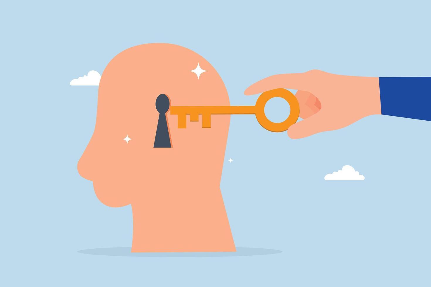 Unlock true potential, entrepreneur hand placing golden key to unleash potential within the human mind. vector
