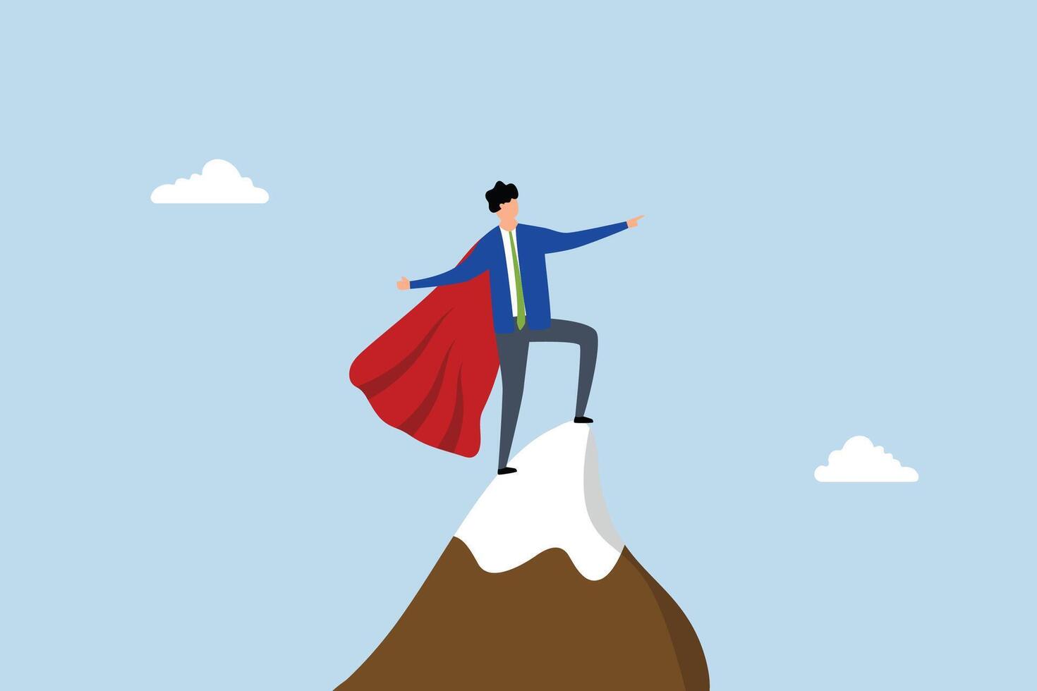 Ambition to success, accomplished entrepreneur hero raising finger upwards on summit. vector