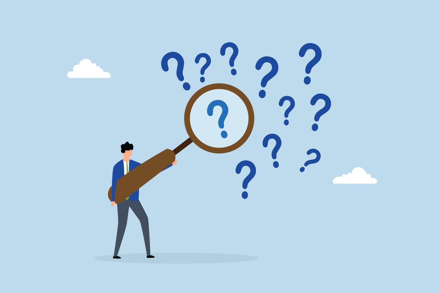 Problem analysis, businessman with magnifying glass analyze question marks. vector