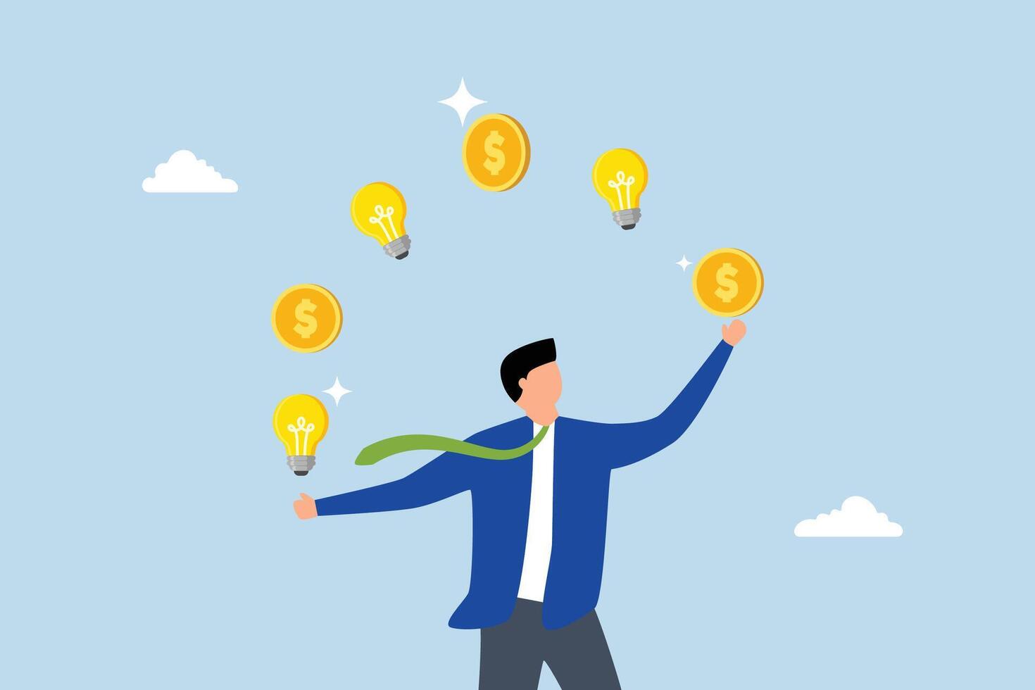 Idea to make money, businessman entrepreneur juggling lightbulb and money dollar coin. vector