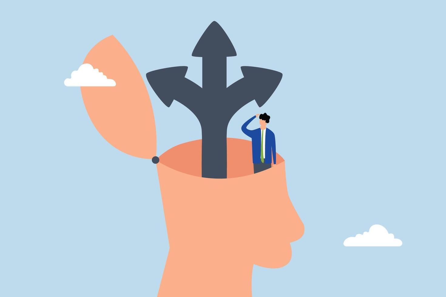 Decision to choose choice, businessman decide way of success in his own head. vector