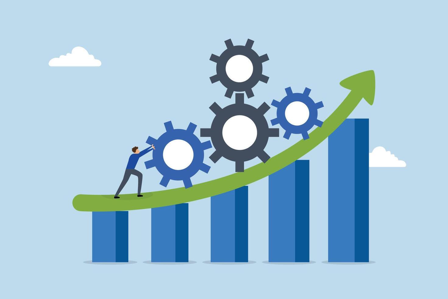 Process improvement, entrepreneur moving gears upward on ascending progress chart illustration. vector