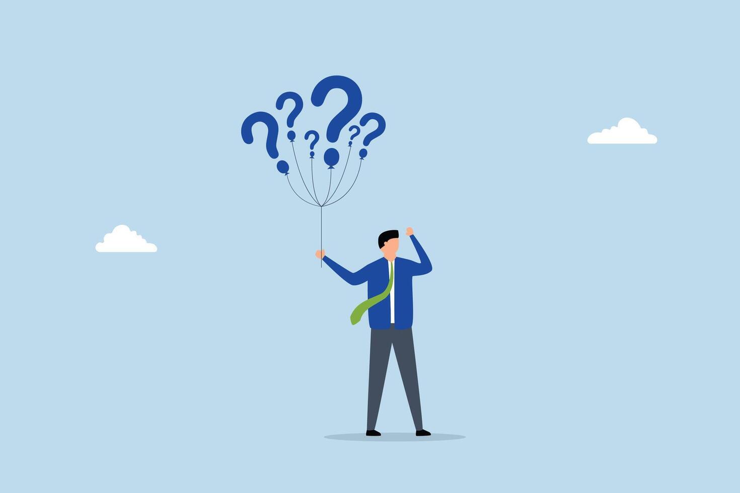 Question marks, suspicious entrepreneur grasping inquiry balloons seeks answers. vector