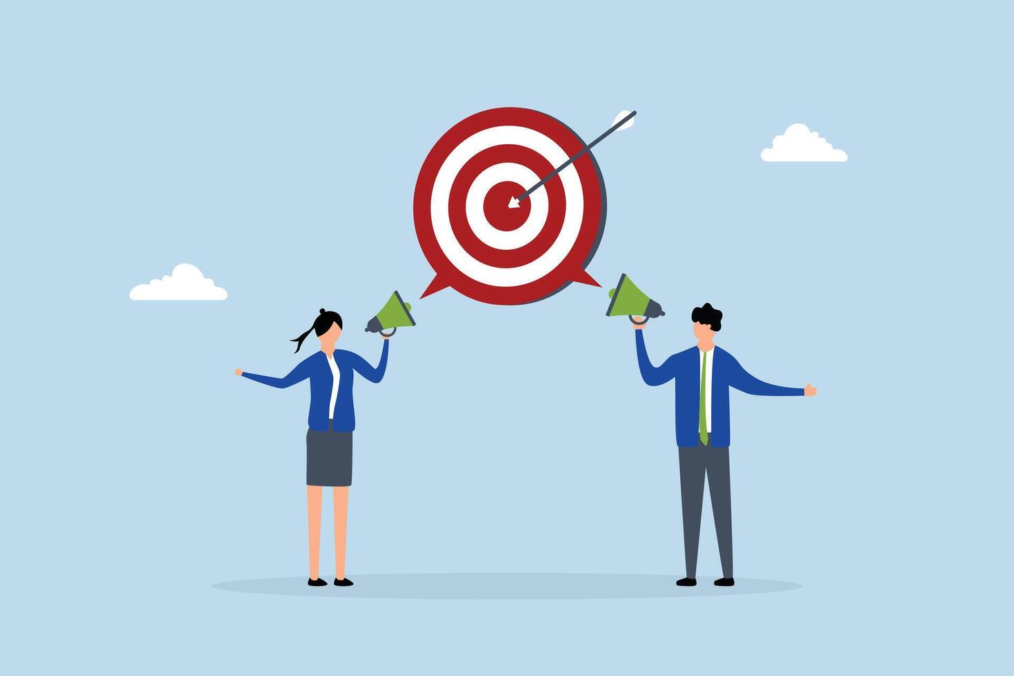 Effective communication for team success and achieve goal, Business individuals communicate with a megaphone towards the same objective. vector