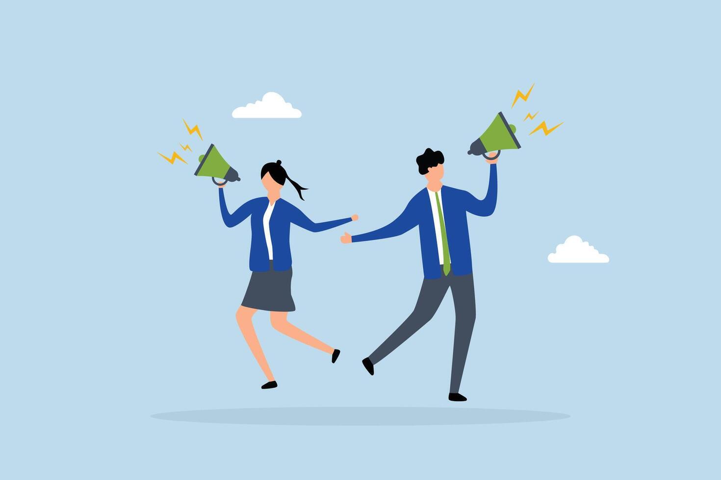 Communicate message, businessman and woman shouting on megaphone. vector