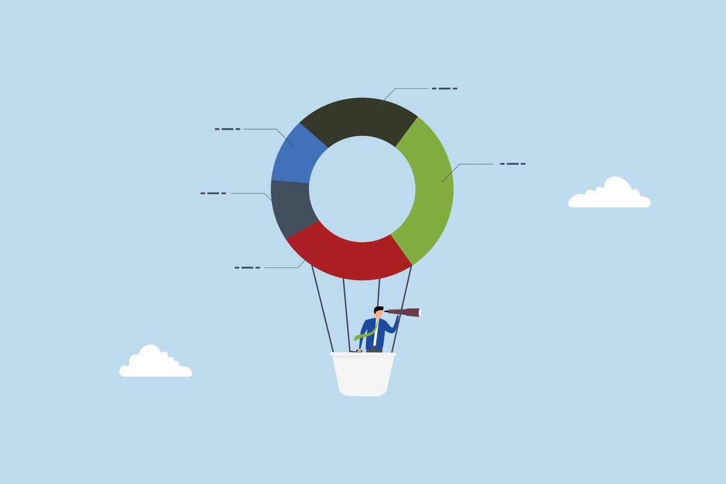 Business pie chart forecast, entrepreneur gazes through binoculars at pie chart illustration balloon. vector