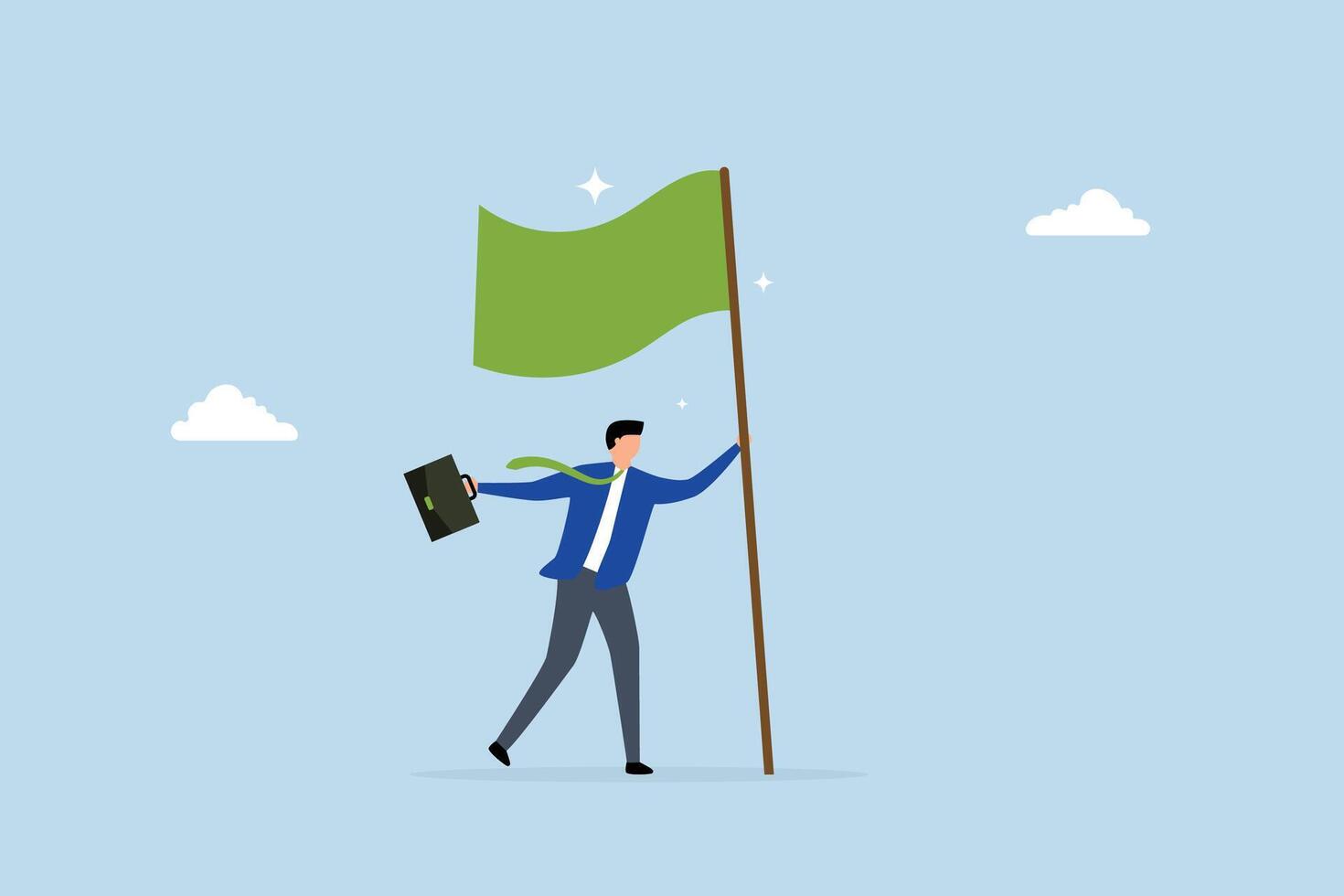 Business victory, successful entrepreneur lifting victory flag with pride and triumph. vector