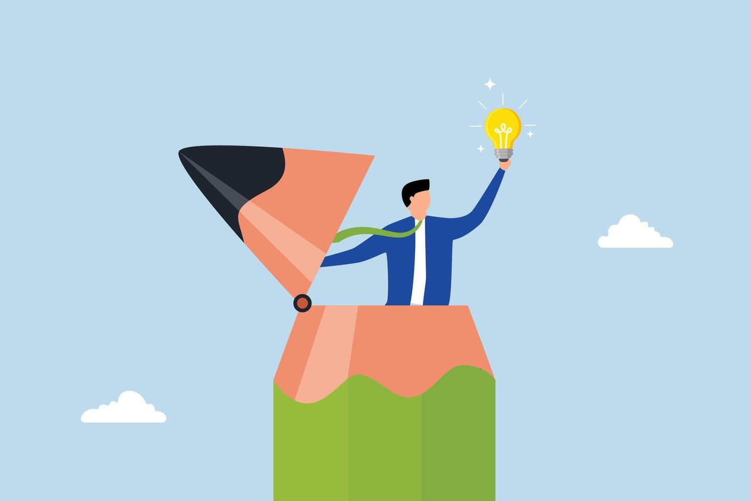 Creative idea, young creative man open pencil top discover new lightbulb idea. vector