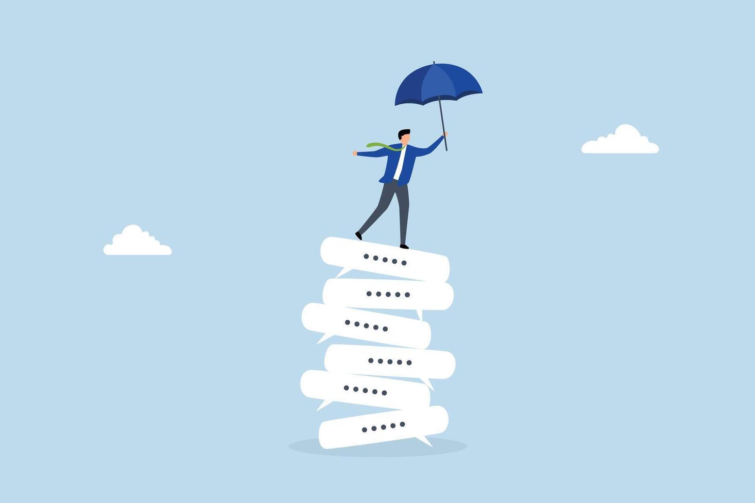 Chat dialogue, entrepreneur stands on a pile of dialogue speech bubbles. vector
