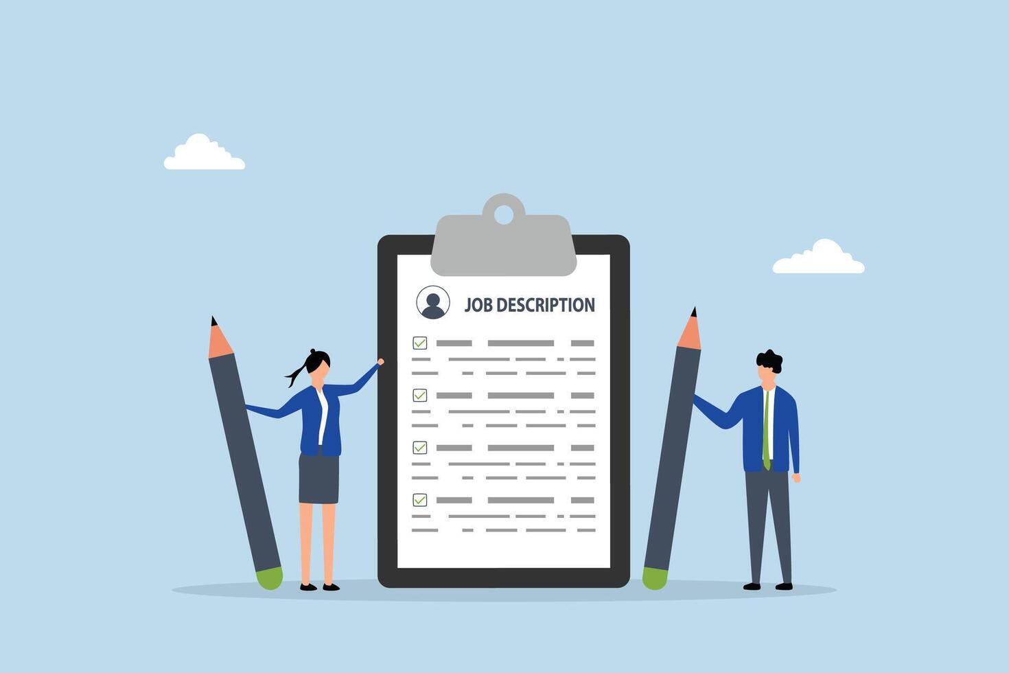 Job description, Business professionals creating job description document for employers. vector