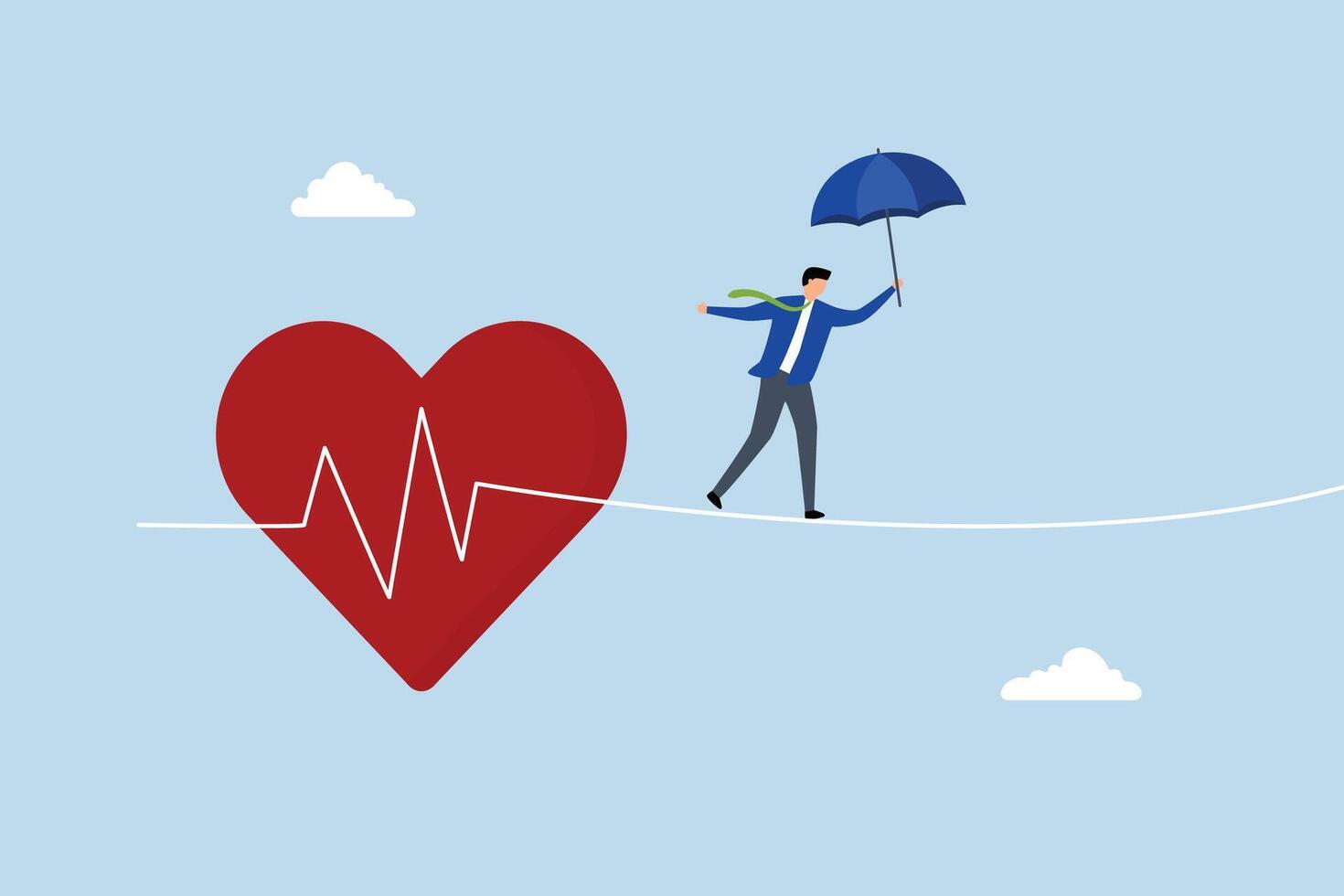 robust individual with an umbrella safeguard traverses perilous path with heartbeat reminiscent of tightrope walking. vector