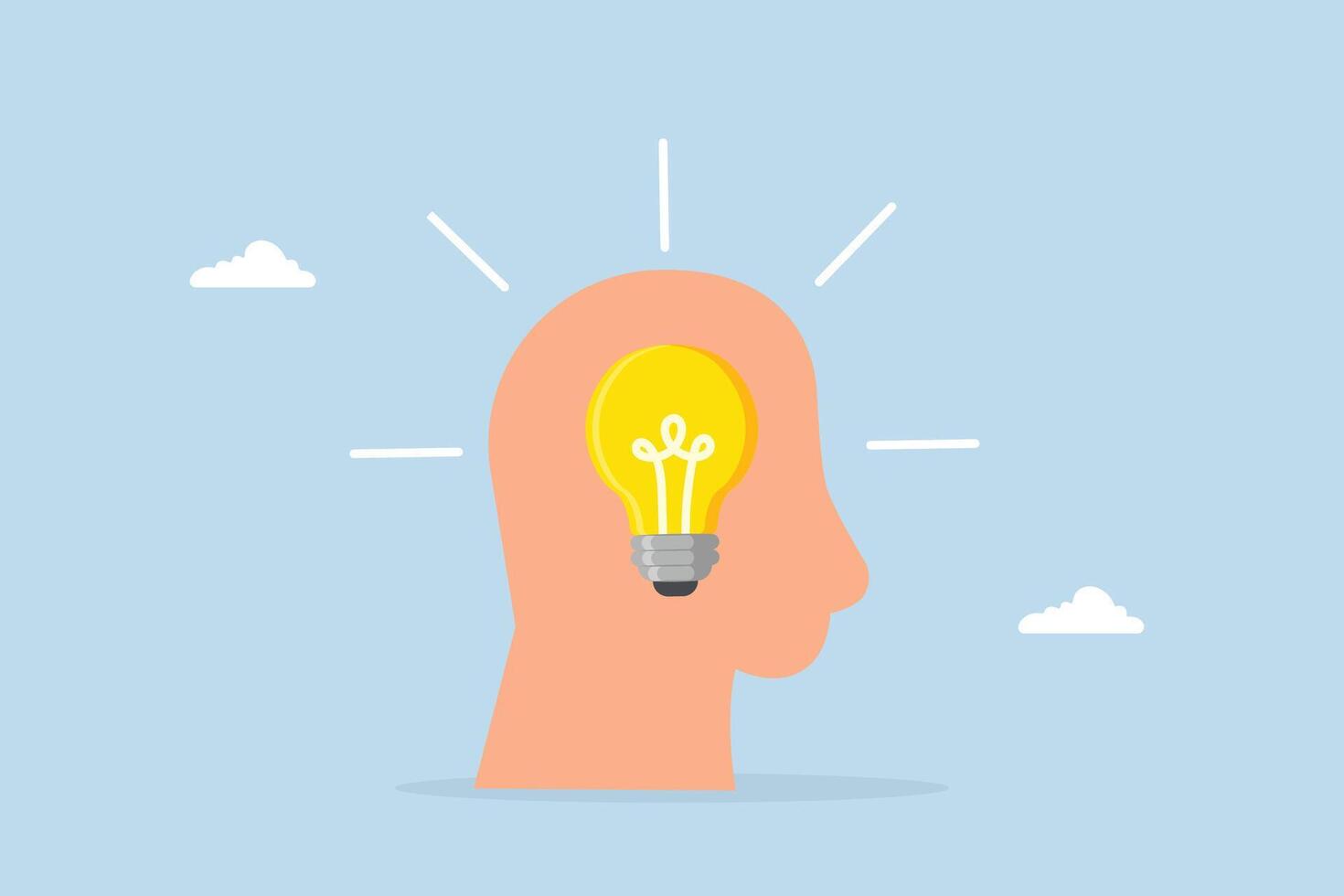 Wisdom, human head featuring glowing lightbulb symbolizing knowledge and learning. vector