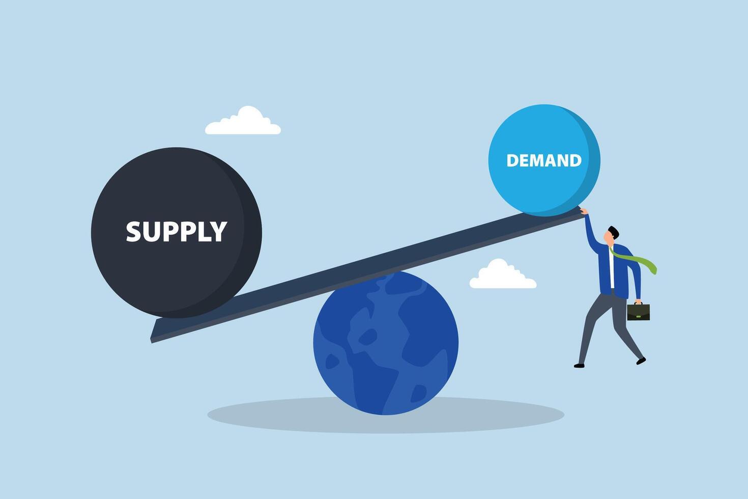 Demand vs supply balance, Entrepreneur grasping a seesaw representing the equilibrium of demand and supply on Earth. vector