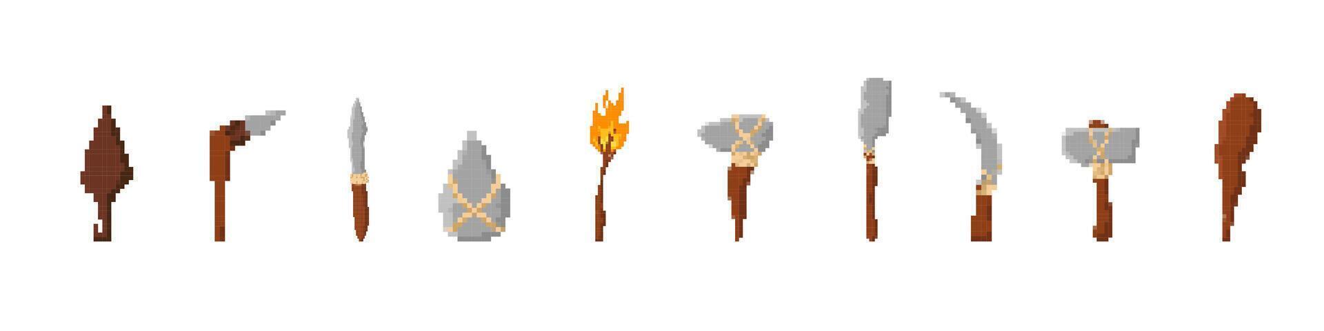 Pixel art tools and weapons. collection of primitive items with various designs vector