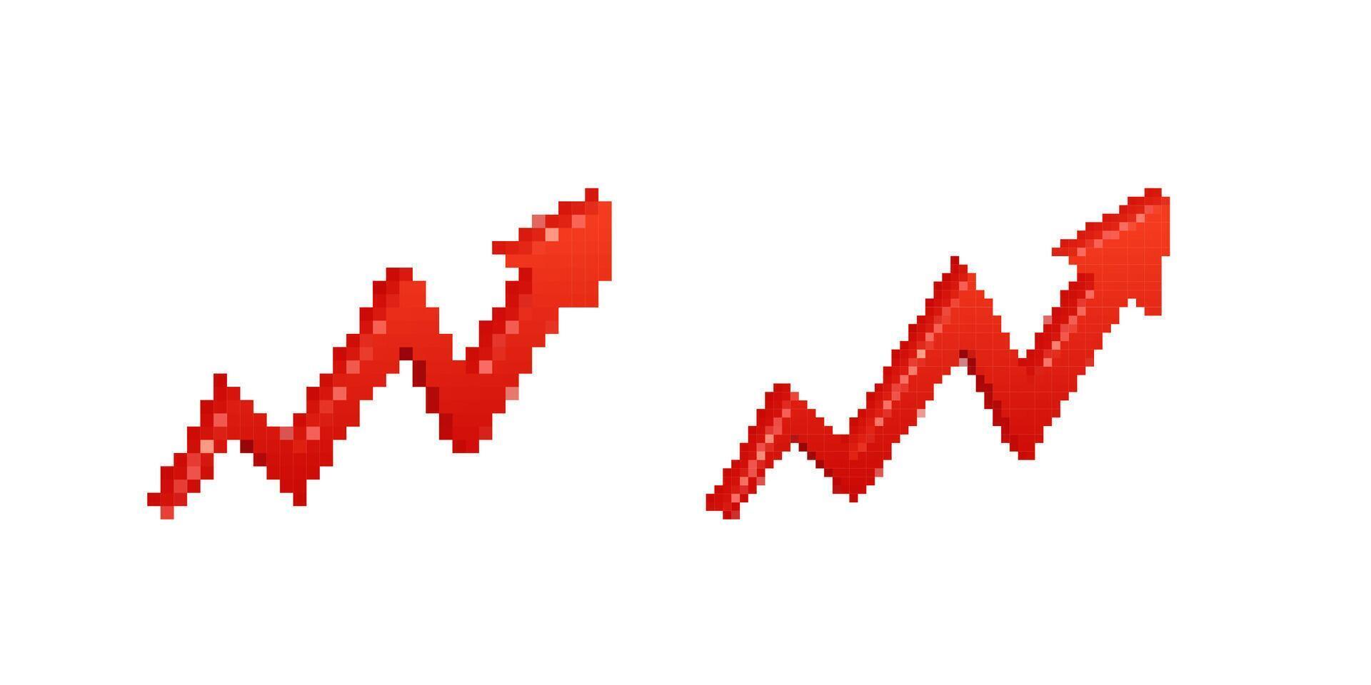 Two growing red arrow graphs in dynamic pixelated zigzag shapes vector