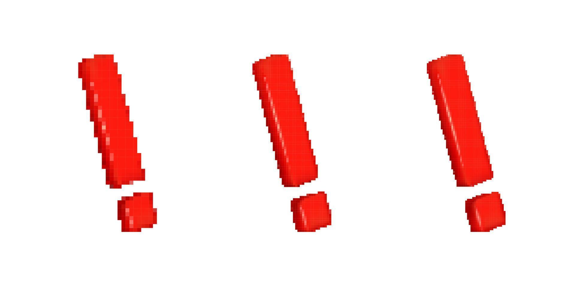 Pixelated red exclamation marks on white background, bold digital punctuation symbol with a glossy effect vector