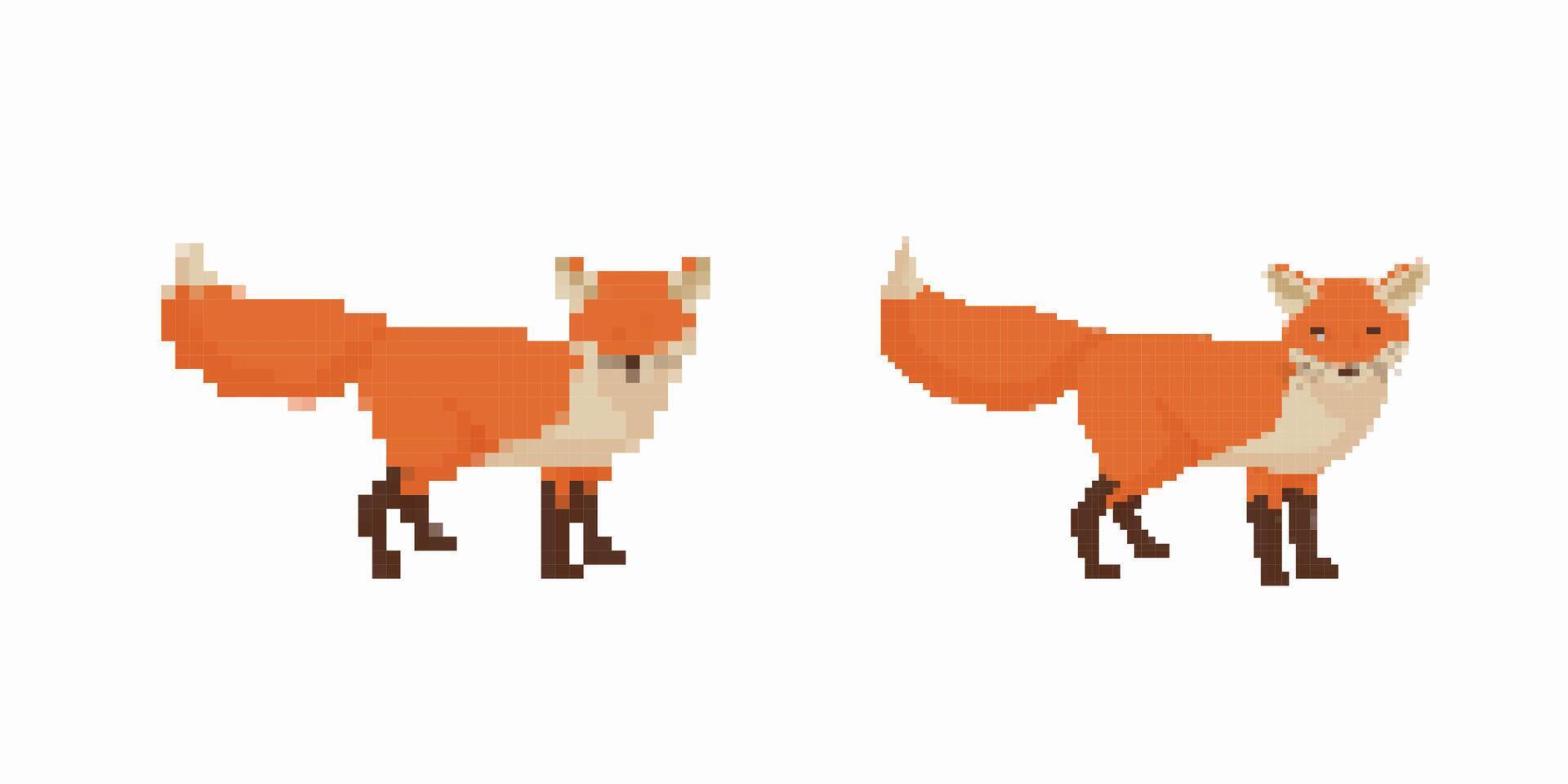 Retro pixel art foxes with orange fur and bushy tails in standing poses vector