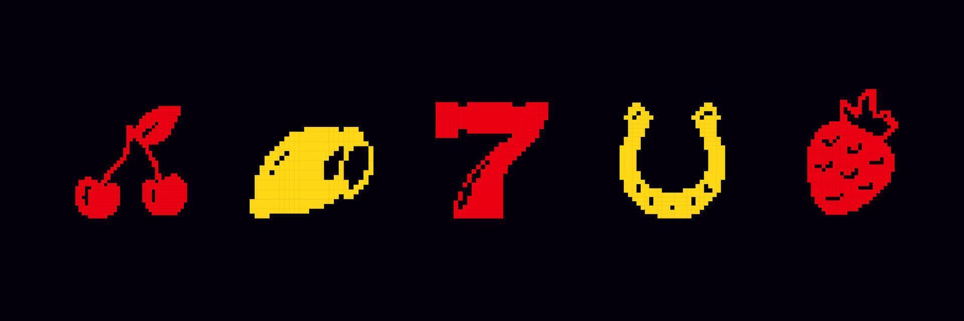 Retro pixel art icons including lemon, cherries, lucky seven, horseshoe, and strawberry vector