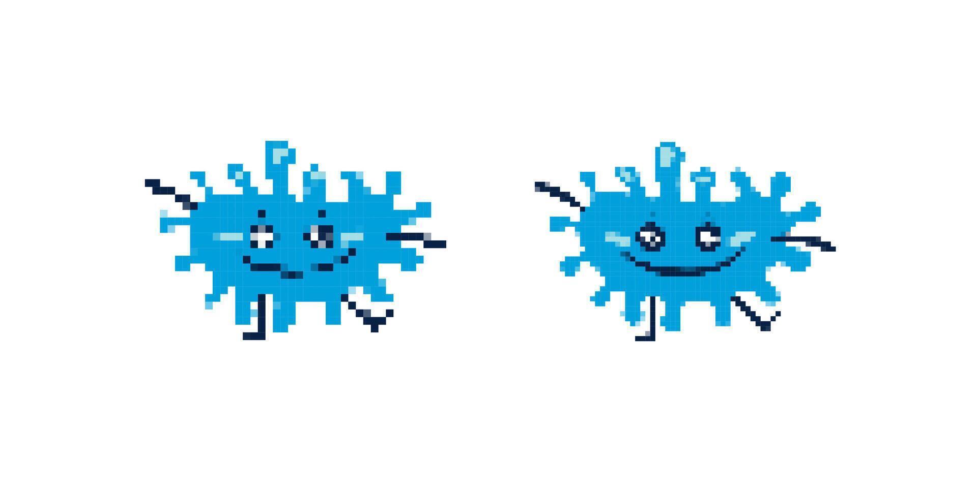 Pixelated blue microbes with smiling faces and unique tentacle-like appendages vector