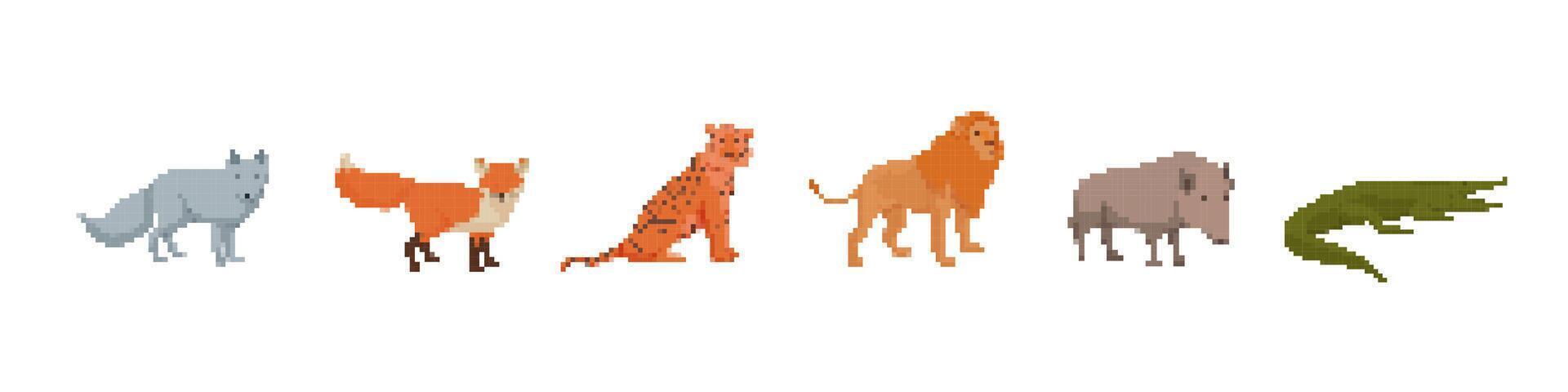 Pixel art animal row with wolf, fox, cheetah, lion, bison, and crocodile vector