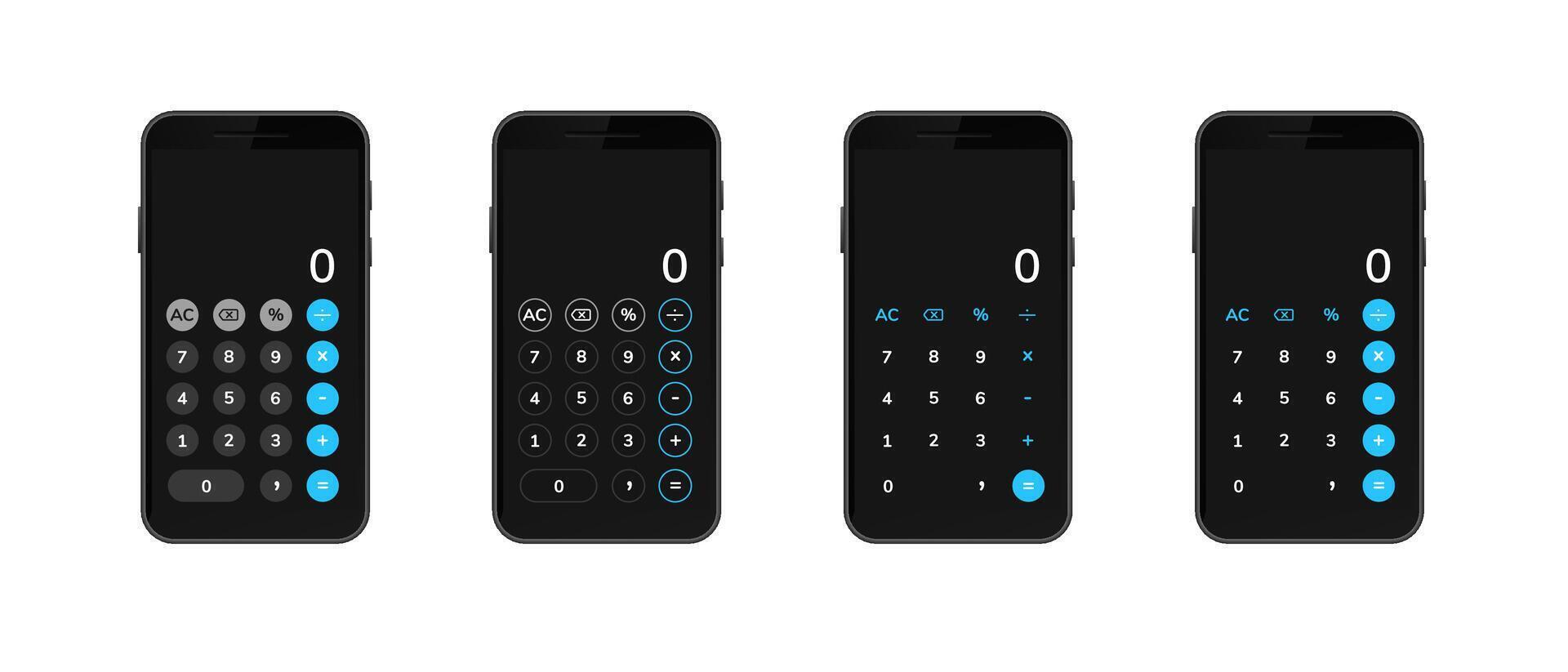Four different styles of smartphone calculators with bold blue and white design elements vector