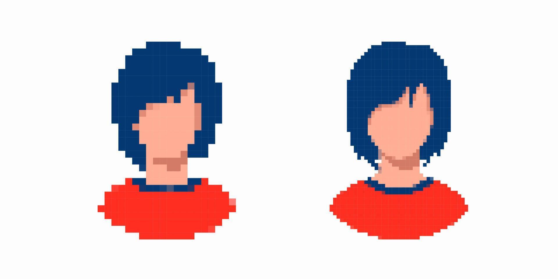 Pixel art character design featuring unique blue hair and red shirt in iconic 8bit style vector