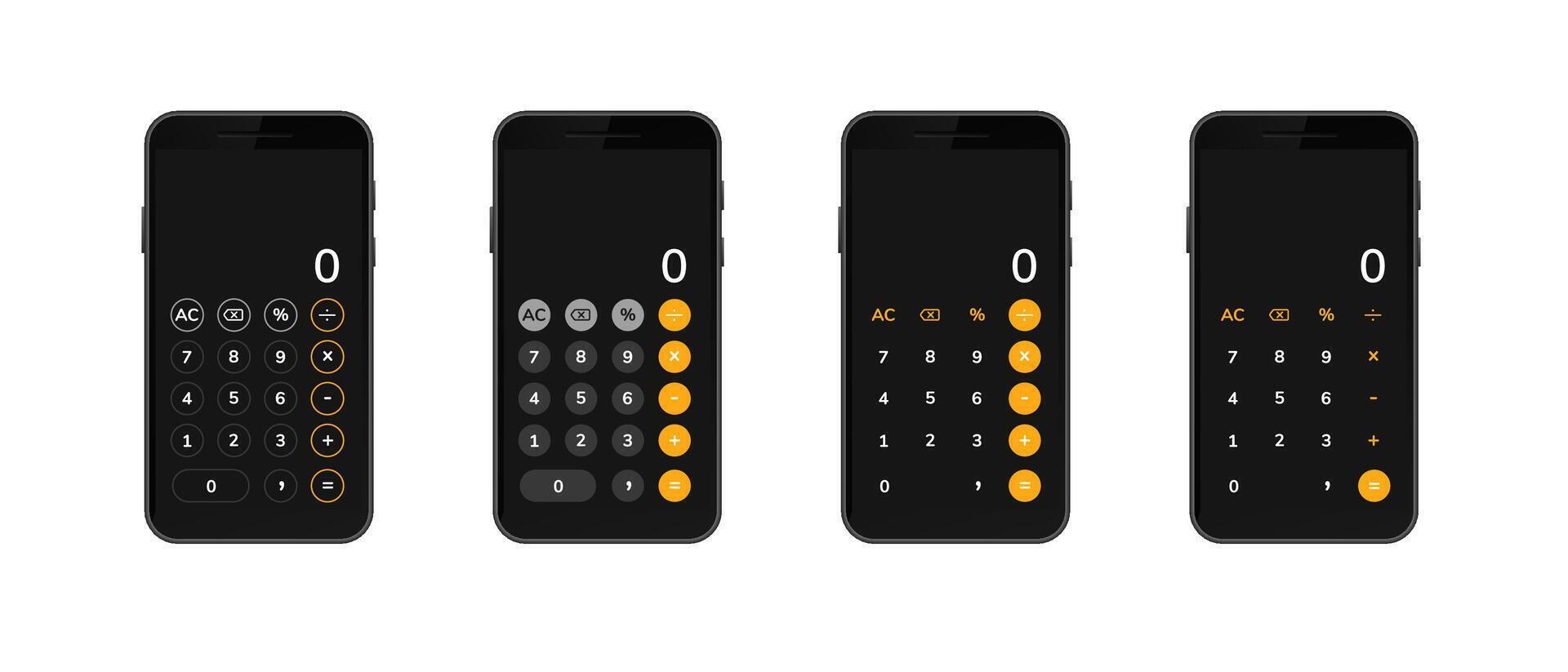Four smartphones displaying different calculator layouts with numeric buttons vector