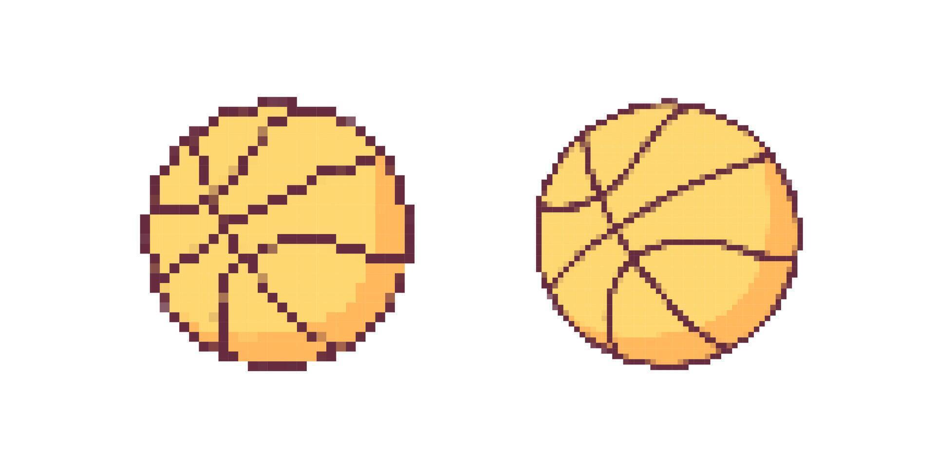 Pixel art basketballs. two stylized retro designs with dark lines show vintage game charm vector