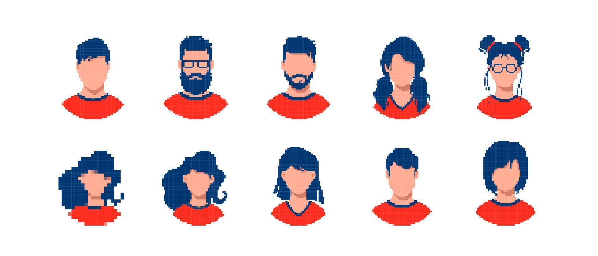 Collection of pixel art faces with diverse hairstyles and accessories vector