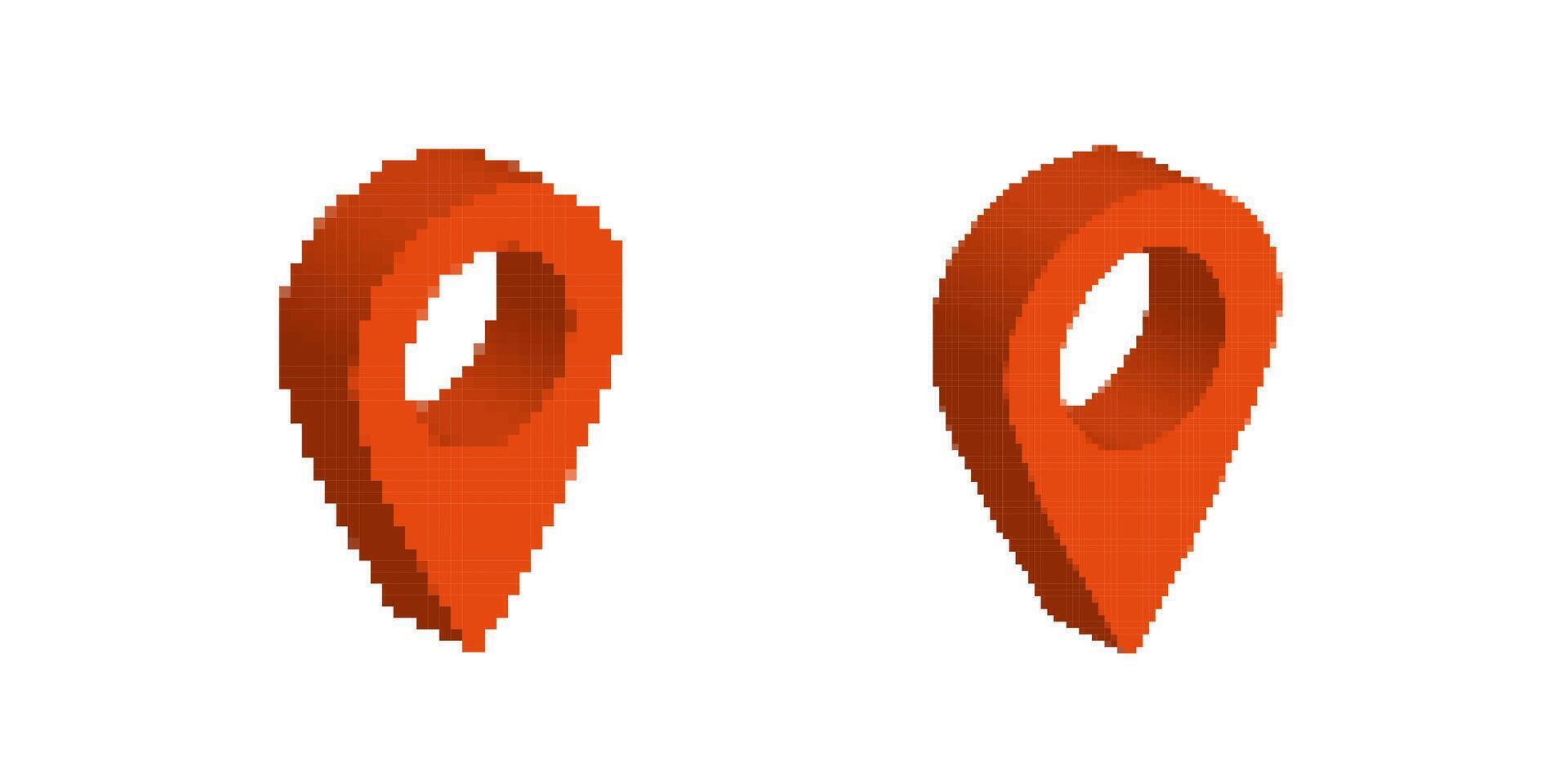 Two simple pixel art orange map pins facing opposite directions with open centers vector
