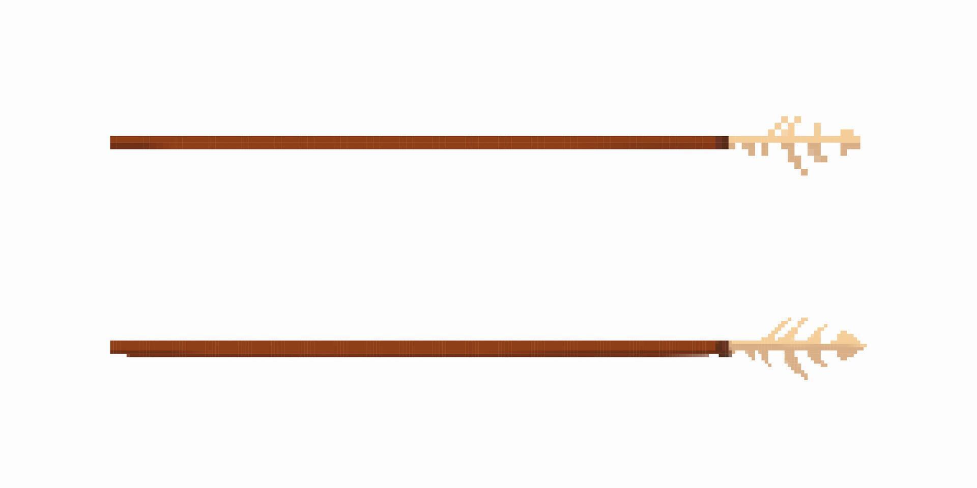 Two pixel art arrows with wooden shafts and simple feather designs at one end vector