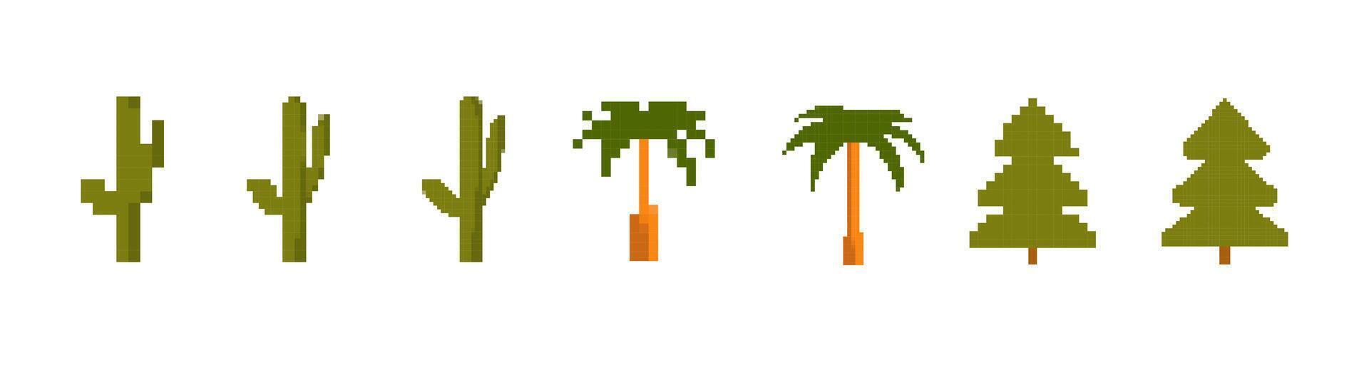 Pixel art collection of cacti and trees in simple green and brown design with varied shapes vector