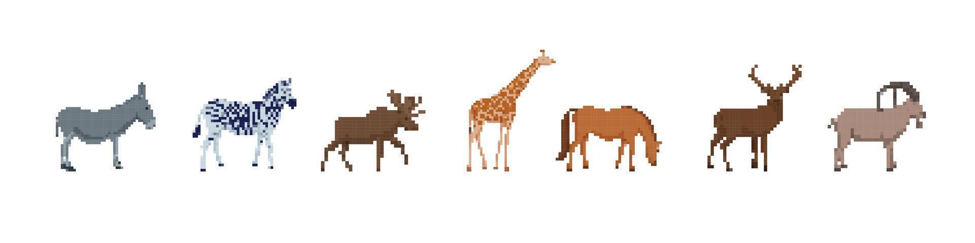 Pixel art animals with unique patterns and styles in a lineup displaying wildlife diversity vector