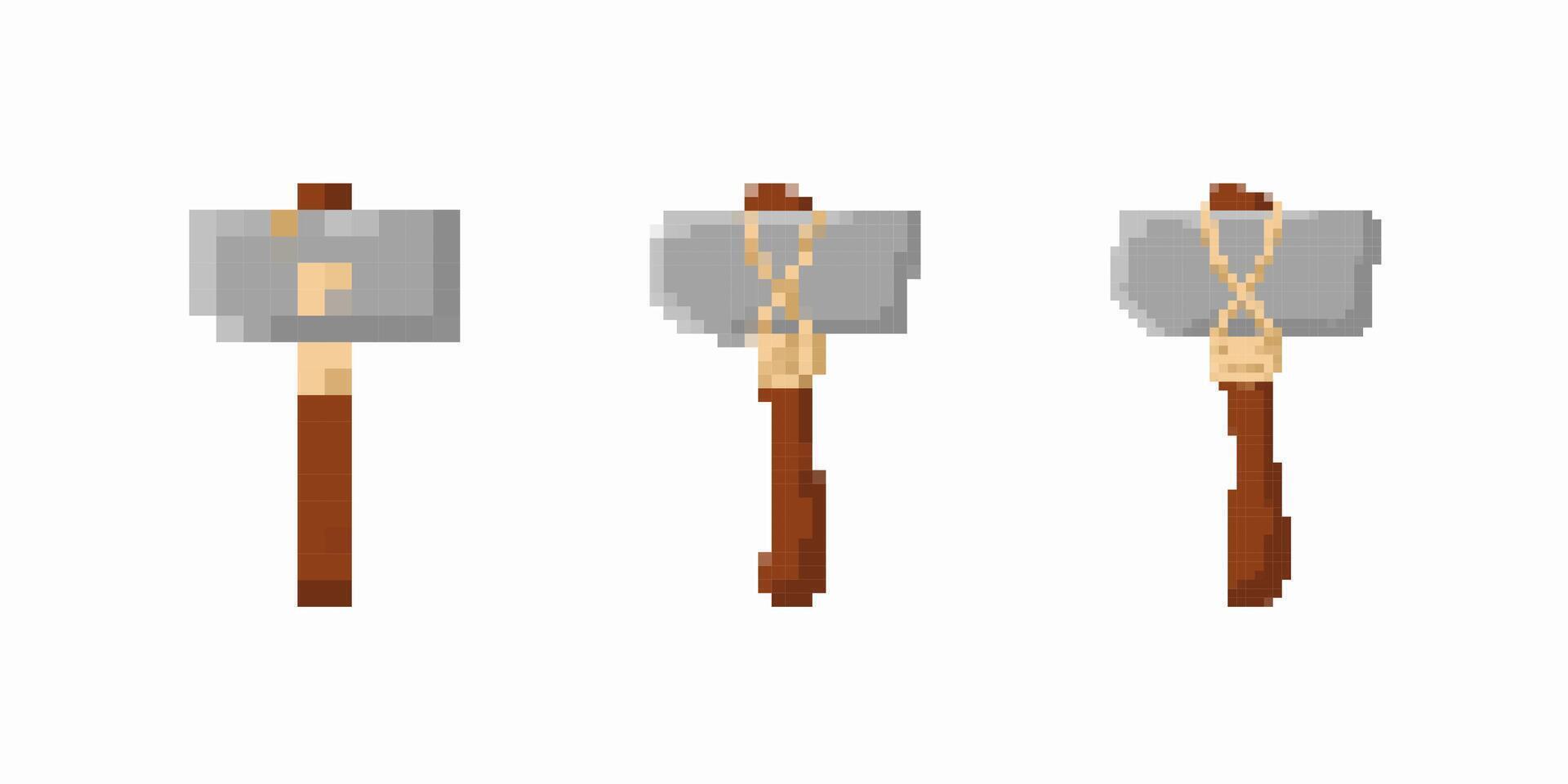 Three distinctive pixel art axes with wooden handles and metal blades displayed horizontally vector
