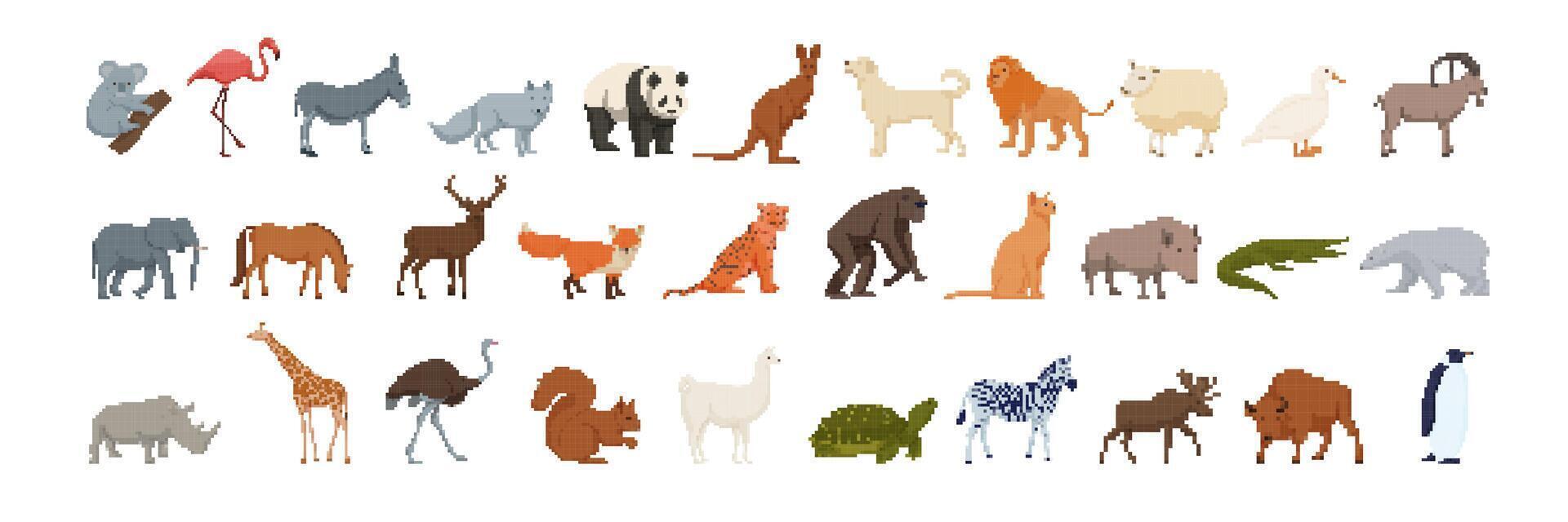 Pixel art animals in a lineup featuring diverse wildlife exhibit vector