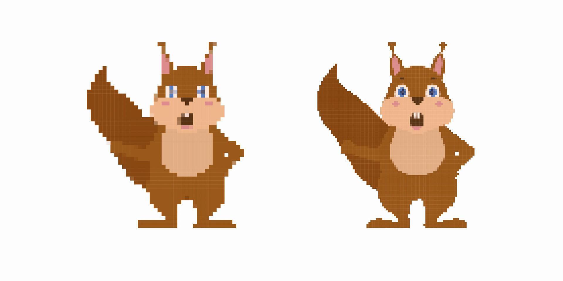 Pixel art squirrels with big tails standing with hands on hips facing forward vector