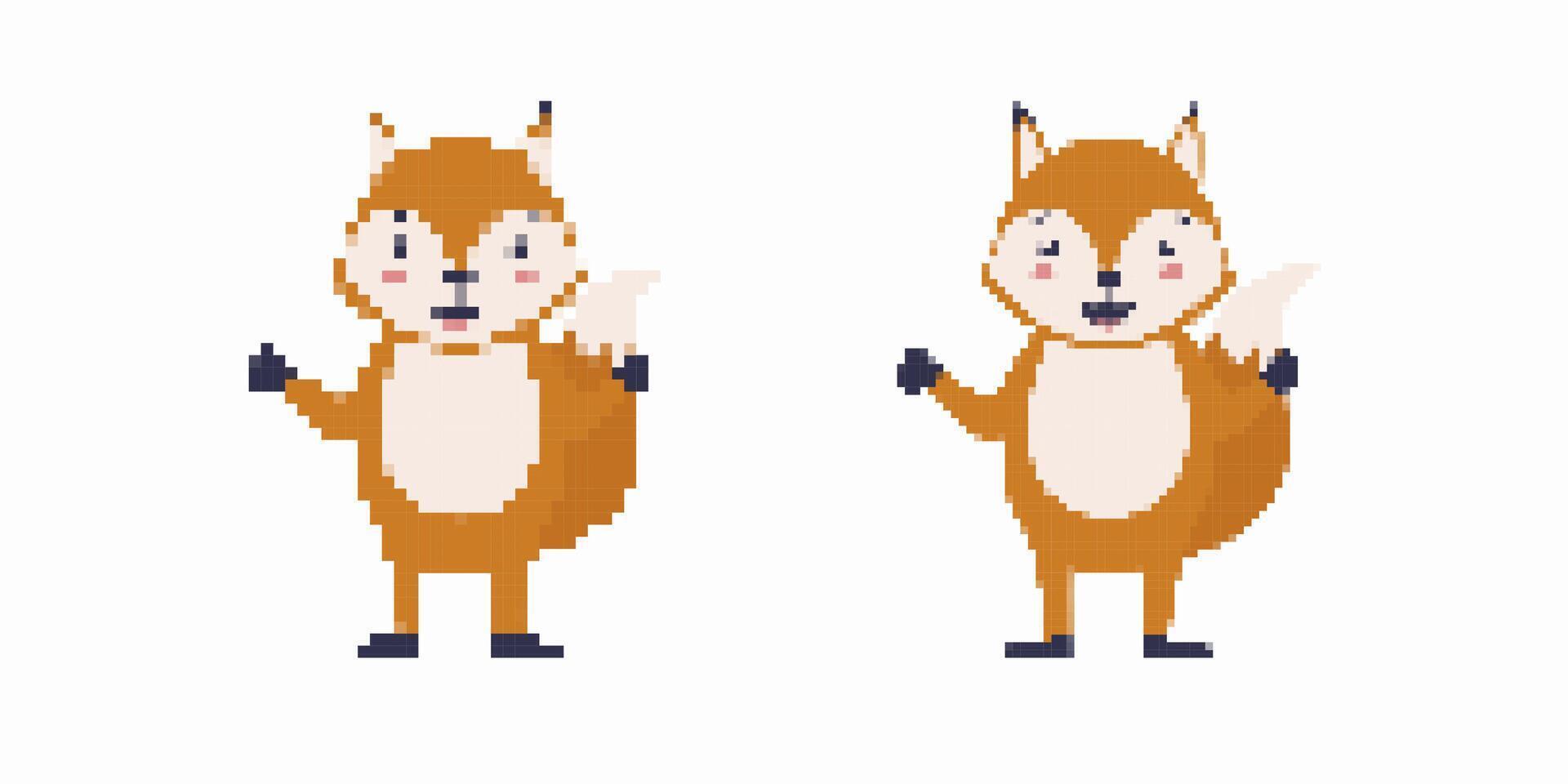 Pixel art foxes joyfully posing with arms up and subtle expression differences vector