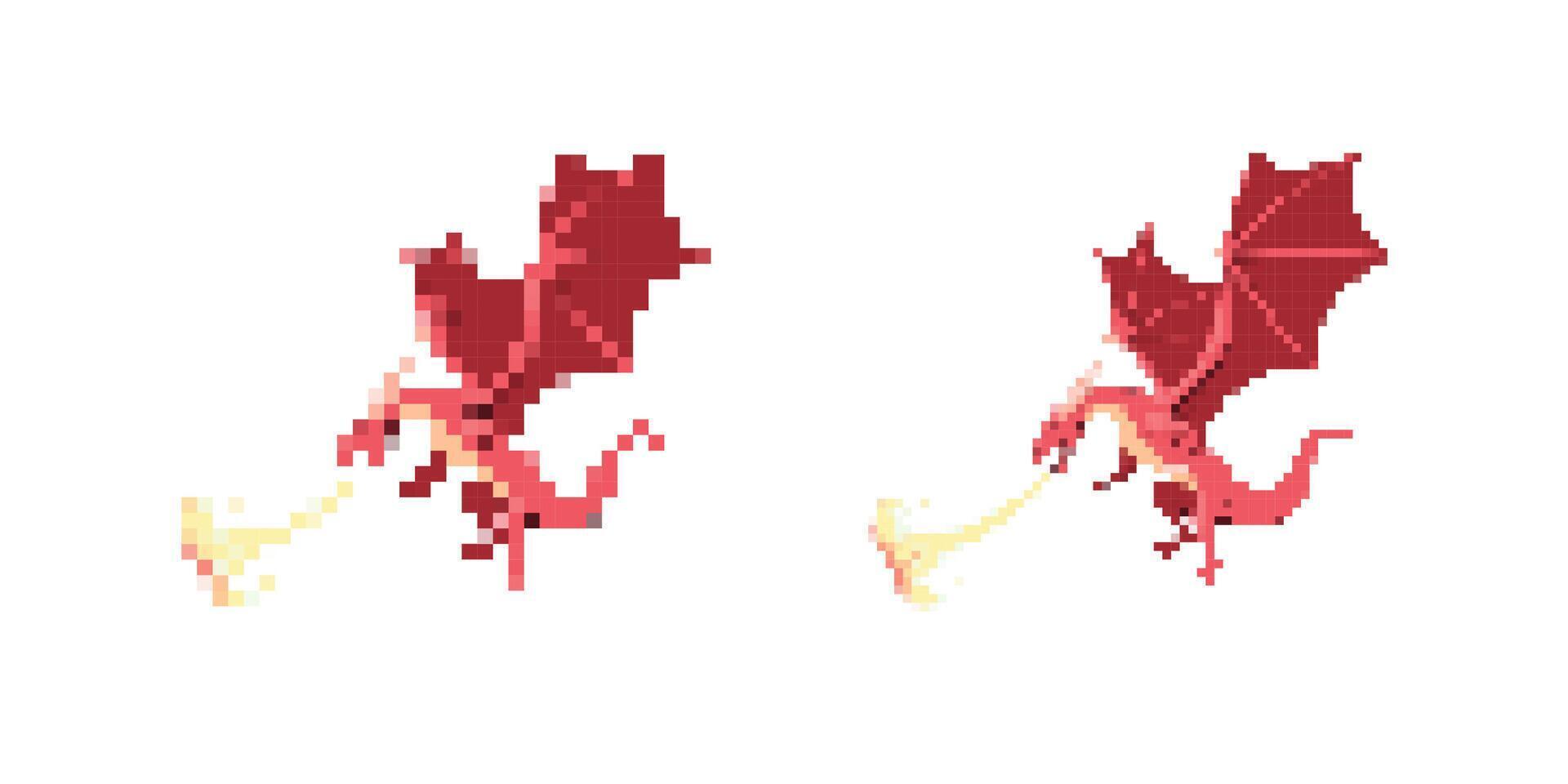 Pixel art of two red dragons breathing fire together in a unique minimalist style vector