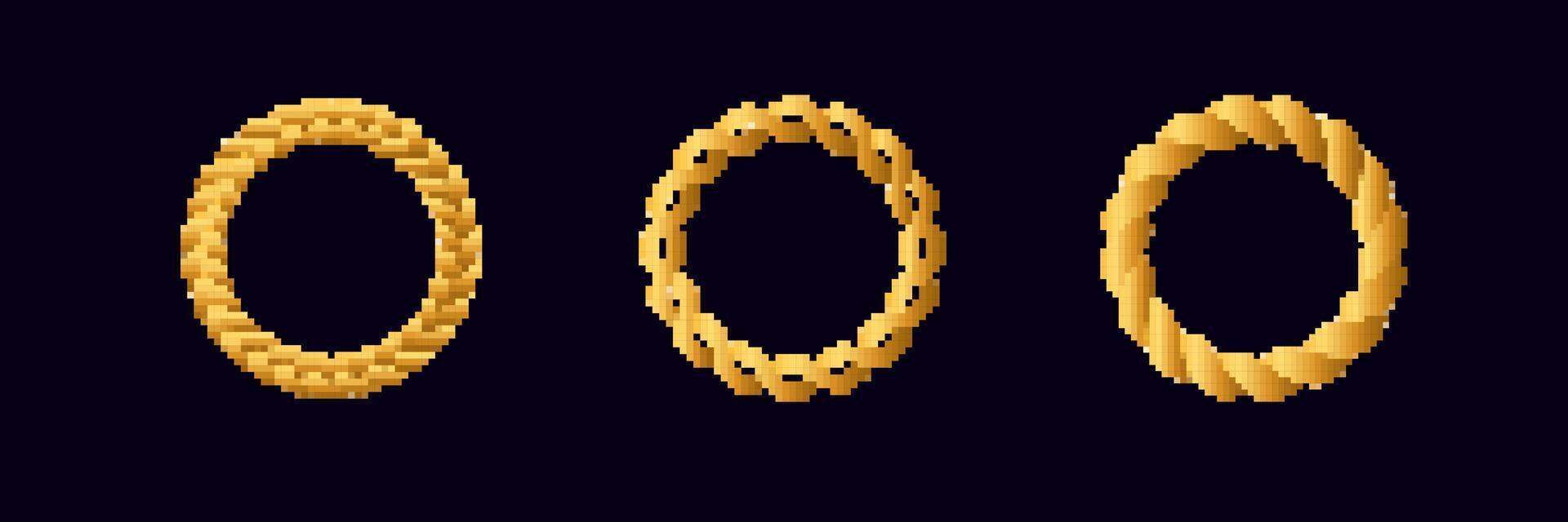 Three pixel art golden rings show different intricate designs and styles in circular formation vector