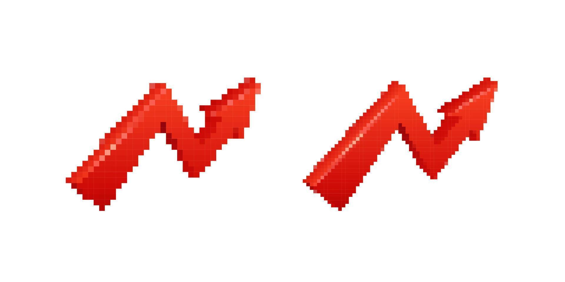 Pixelated and smooth red arrows showing steady upward trend or increase in two styles vector