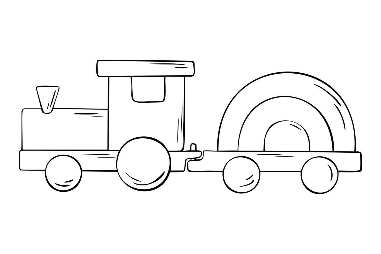 illustration of wooden train. Hand drawn Sketch of Children toy. Welcome baby newborn. Engraving illustration transport for poster, invitation, baby shower, tags, printing vector