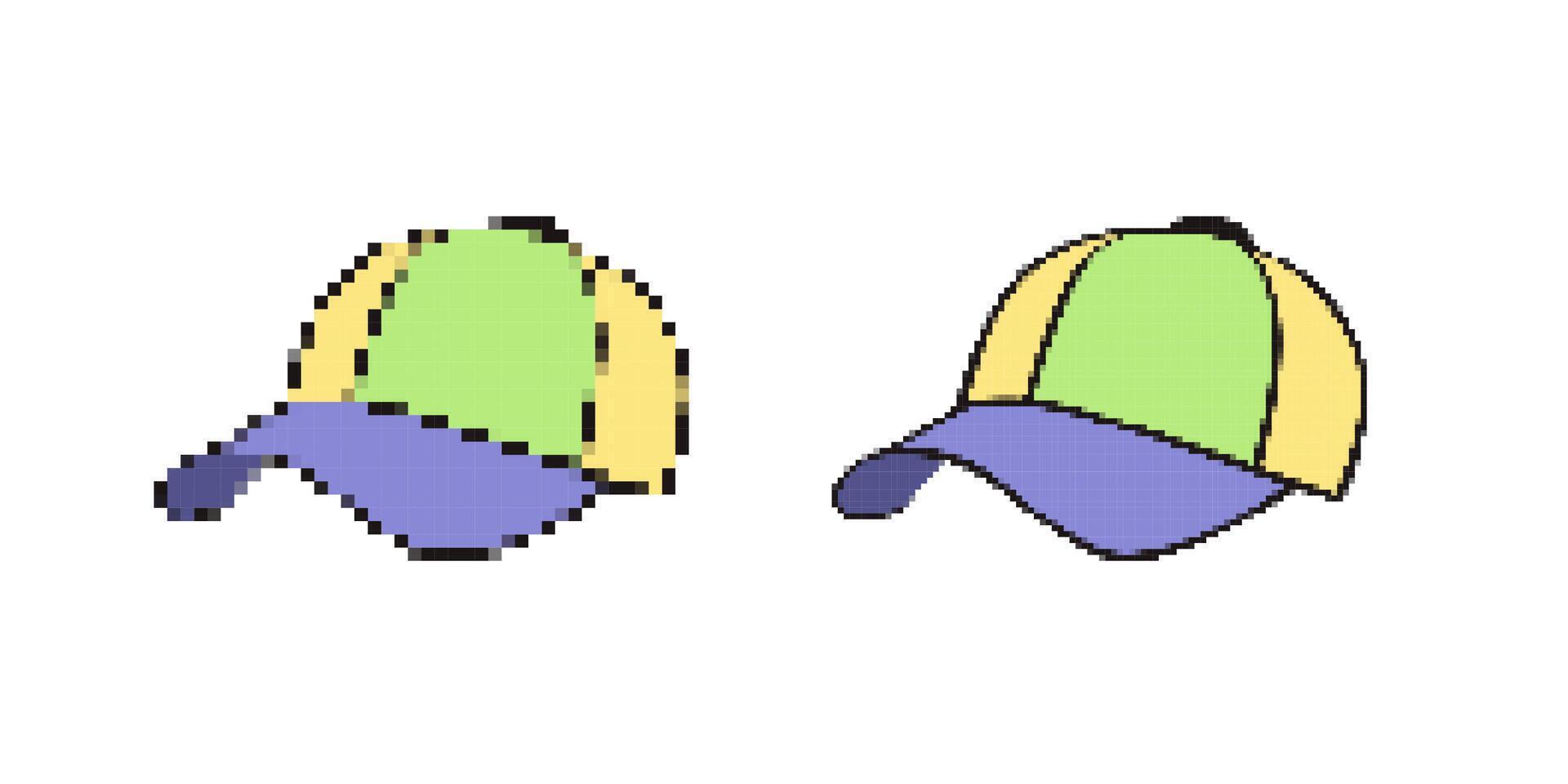 Colorful caps with green yellow panels and blue peaks in pixel and art styles vector