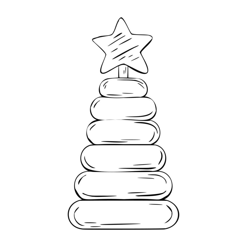 illustration of wooden toy. Hand drawn Sketch of Children pyramid with rings and star. Welcome baby newborn. Engraving illustration transport for poster, invitation, baby shower, tags, printing vector