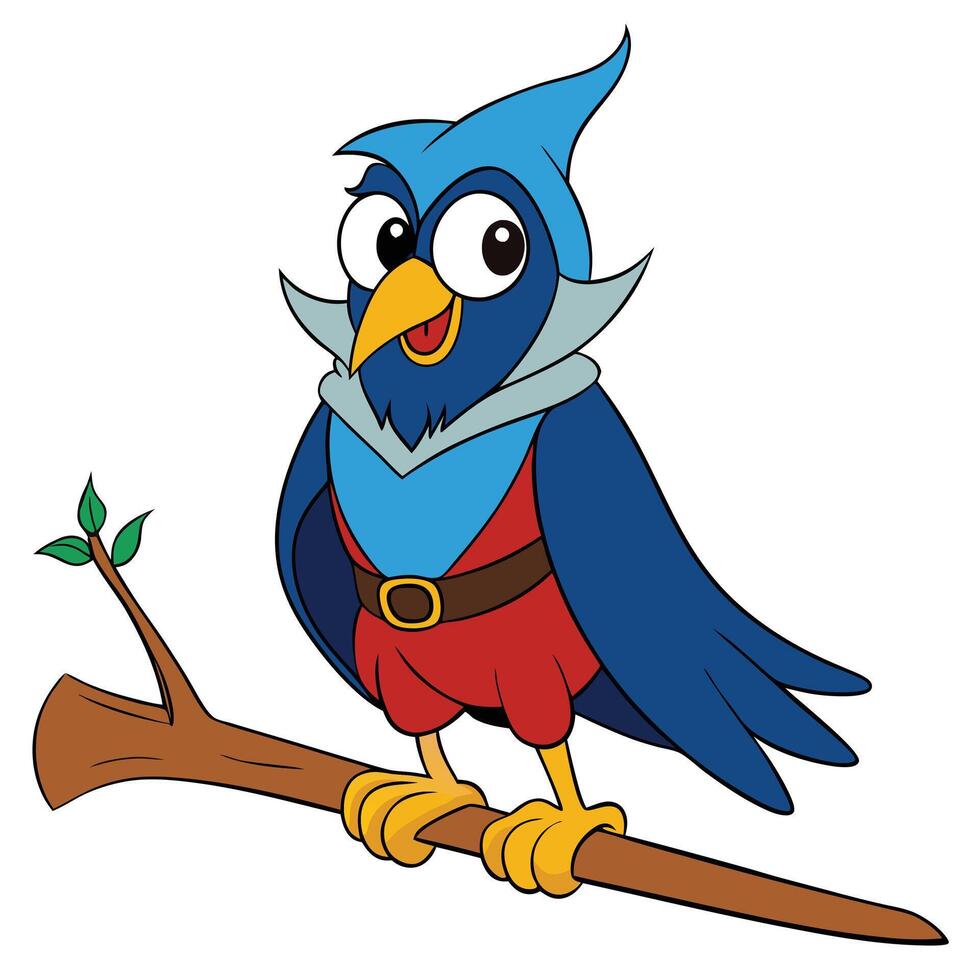 Cartoon bird with blue and red feathers on a branch vector