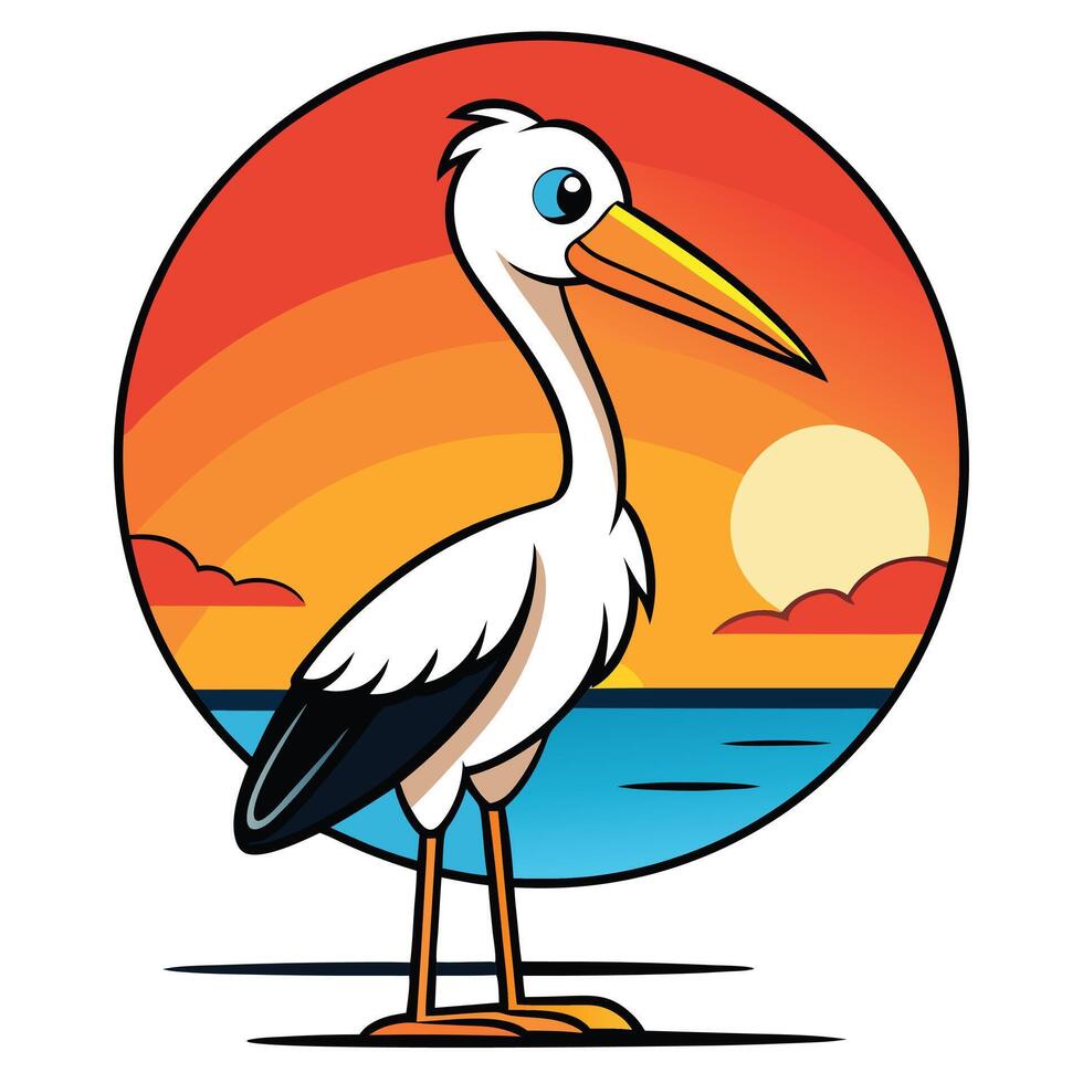 A cartoon stork standing on the beach at sunset vector
