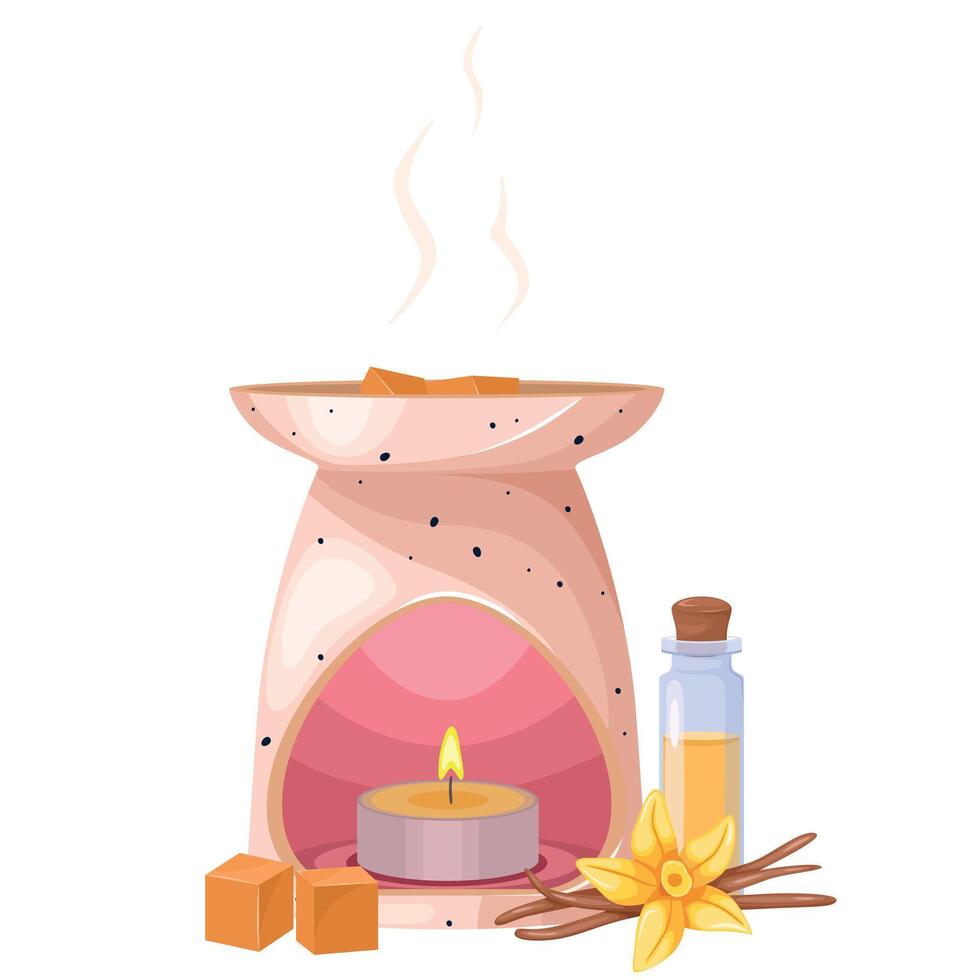 Ceramic aroma lamp with a burning candle and essential oils, a bottle of aroma oil and a vanilla flower isolated on a white background. The concept of face and body care, spa treatments vector