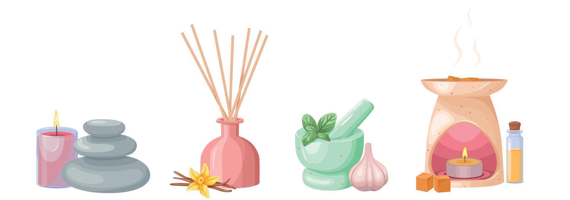 A set of aromatic items on an isolated white background. Hygge time. Set for aromatherapy and relaxation. Hand drawn cartoon . Fragrance concept. Hot stones, scented candles and sticks, mortar vector